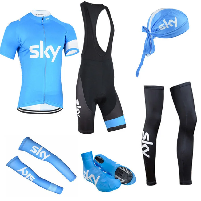 Cycling shorts with adjustable lining-pro bule sky team cycling full set 6pcs cycling jersey set  men's jersey with hat sleeves leg warmer shoes cover