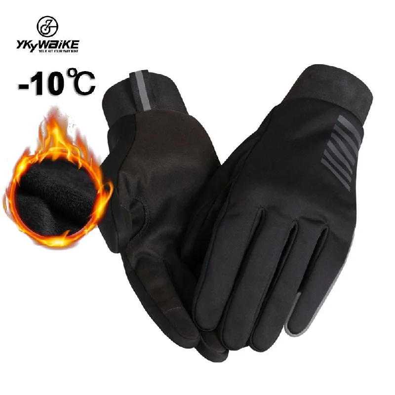 Bicycle arm sleeves with adjustable fabric-YKYW Pro Team Thermal Fleece Touch Screen Full Finger Gloves Winter -10°C  Fleece-lined Suede Fabric Windproof Warm DWR Waterproof Black