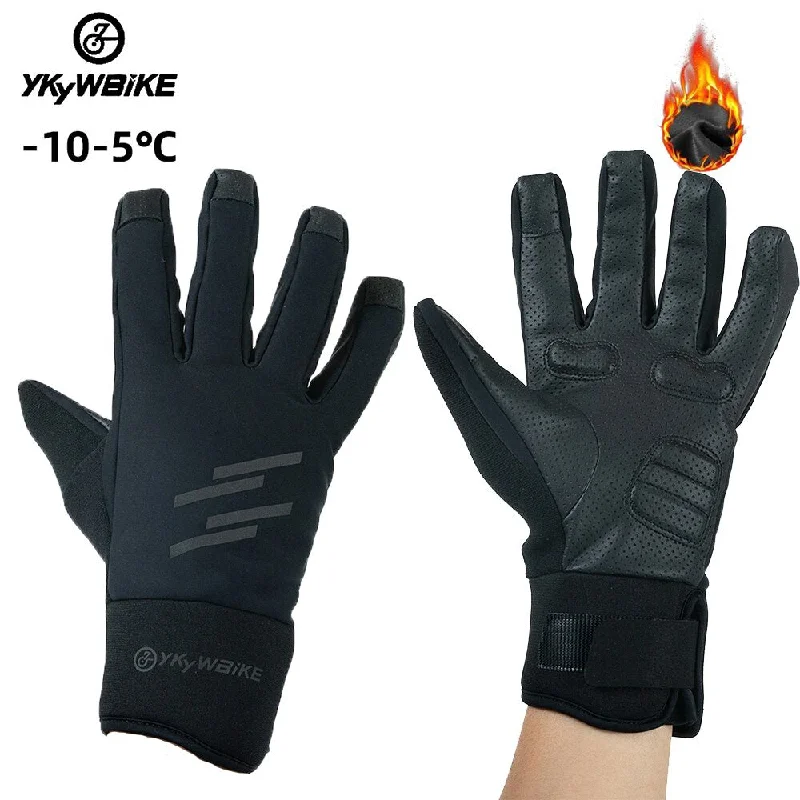 Bike riding vest with adjustable design-YKYW Thermal Fleece Full Finger Gloves Winter -10-5°C Cotton Waterproof Windproof 3M Reflective Logo XRD Technology Shockproof Black