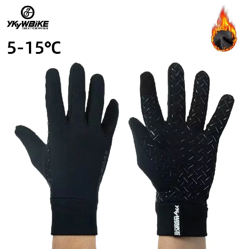 Cycling sunglasses for technical biking-YKYW Pro Thermal Fleece Touch Screen Full Finger Gloves Winter 5-15°C Velvet Waterproof Windproof Warm Anti Slip Elastic Black